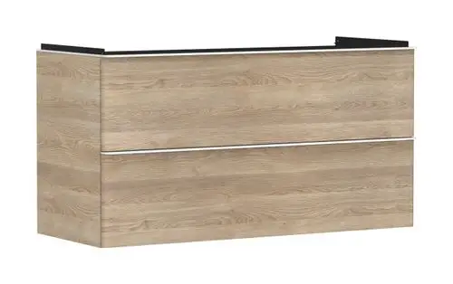 Waschtischunterschrank in Holzoptik, ausgestattet mit zwei Schubkästen. Geeignet für Waschtische, von der Marke Hansgrohe.